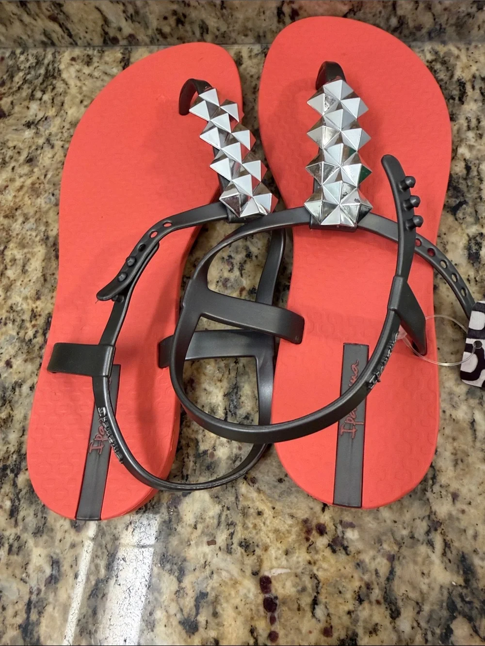 Ipanema Women’s Coral-Red Sandals with Silver Pyramid Studs size 7 , NWT